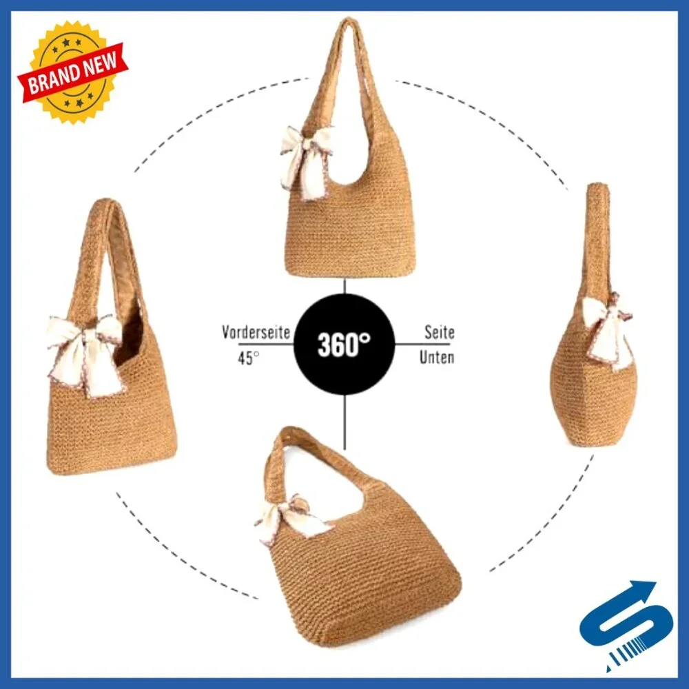 Large Handwoven Straw Tote Bag for Women, Summer Beach Purse with Zipper